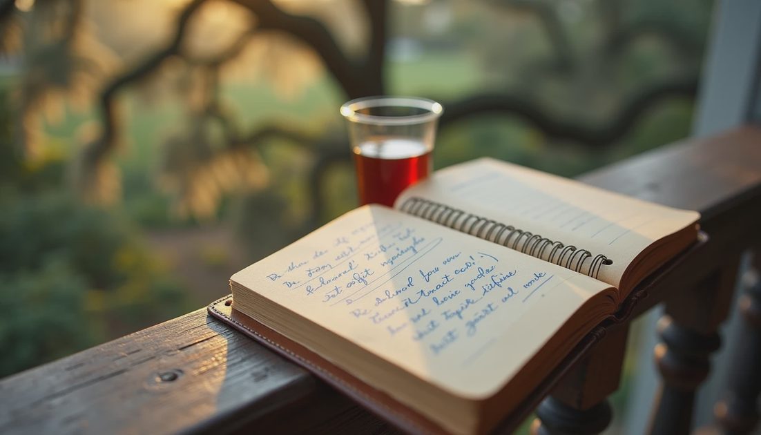 The Porch — Where the File Lives worn leather notebook with handwritten notes on wooden porch railing Savannah, live oak and Spanish moss background, dad gift file origin