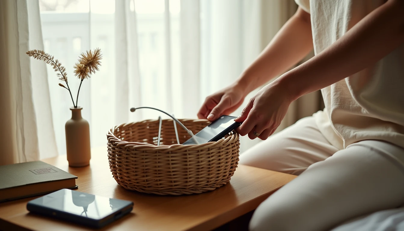 woman placing phone charger cable into woven basket on bedside table, small act of thoughtful organization, removing daily frustration for wife