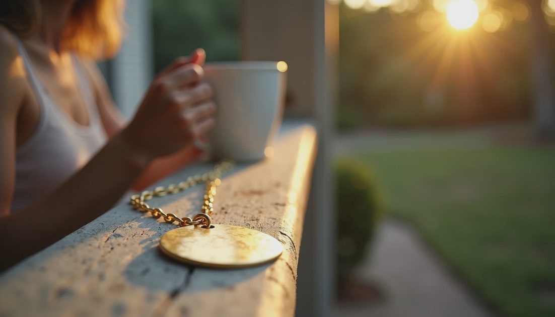 hand-hammered gold disc necklace with worn patina resting on weathered porch railing Savannah, quiet morning light, successful thoughtful anniversary gift for wife