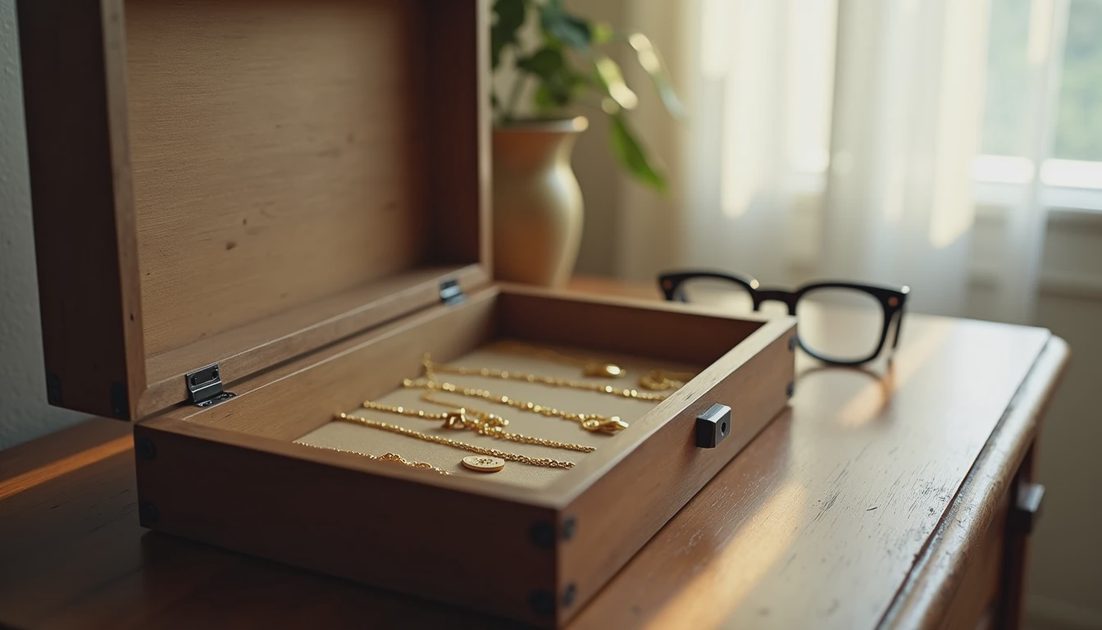 The Jewelry Box — Where the Clues Are open wooden jewelry box with gold thin-chain necklaces on bedroom dresser, quiet morning light Savannah, studying what wife already wears for gift buying
