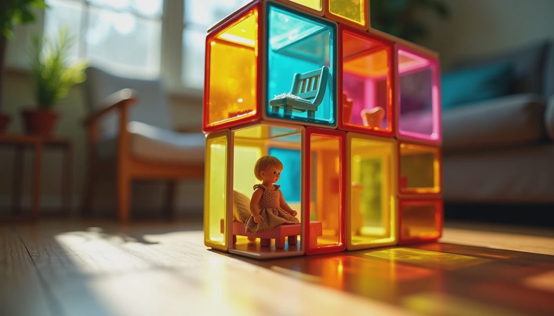 The House She Built Herself inside colorful magnetic tile structure with doll on tile-built bed, Savannah living room, architectural creative play for girl building instead of pretending