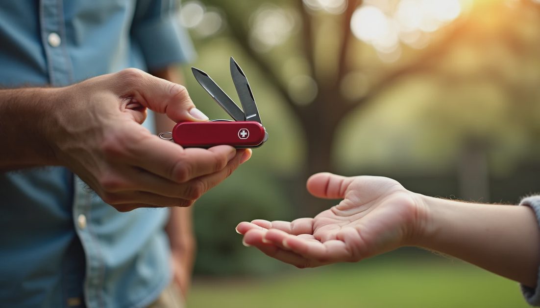 The Handoff — Trust in a Red Casing man's worn hand holding small red Swiss Army knife extended to child's hand Savannah backyard, moment of trust and responsibility, first pocketknife for kid
