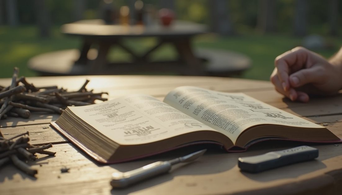 open survival manual with fire-starting diagrams on wooden picnic table Savannah, beside twigs and pocketknife, book for boy who'd rather be outside