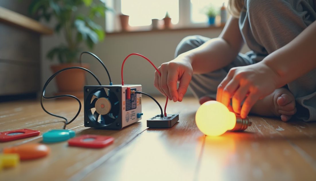 Snap Circuits — The Survivor child's hands assembling simple snap circuits kit on wooden floor with glowing bulb, Savannah living room, natural discovery and STEM learning