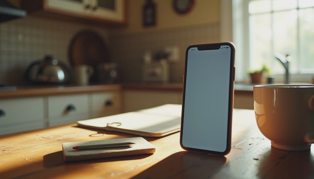 The First Note — Where the File Began smartphone Notes app with first gift list entry on wooden kitchen table Savannah, quiet morning light, beginning of decade-long gift file