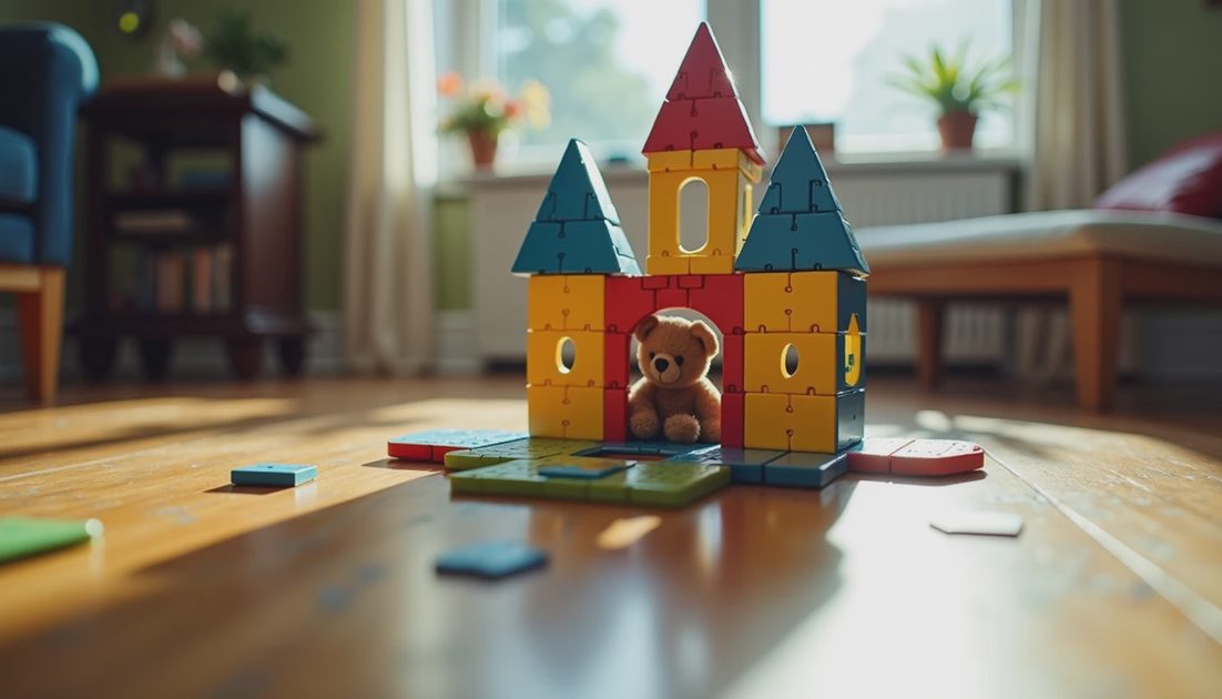 	half-finished colorful magnetic tile castle on wooden floor Savannah living room, stuffed bear inside, creative building toy for 5 year old girl