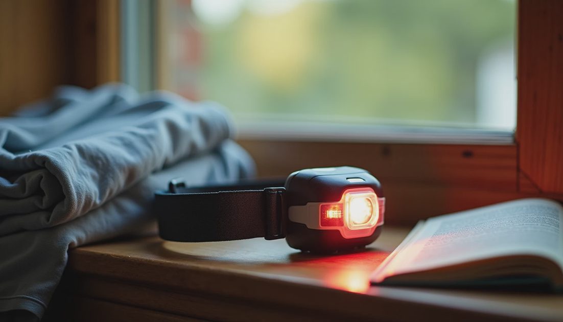 The Headlamp That Goes Everywhere small headlamp with red and white lights glowing on wooden windowsill Savannah, beside pajamas and book, well-used outdoor gear for adventurous boy