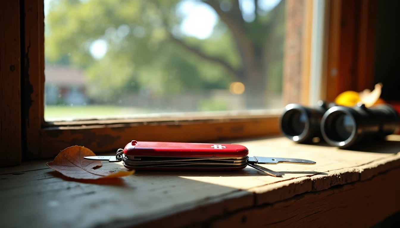 The Knife That Won — Trust in a Red Casing small red Swiss Army knife with worn casing on wooden windowsill Savannah, beside binoculars and dried leaf, successful trusted gift for 8 year old boy