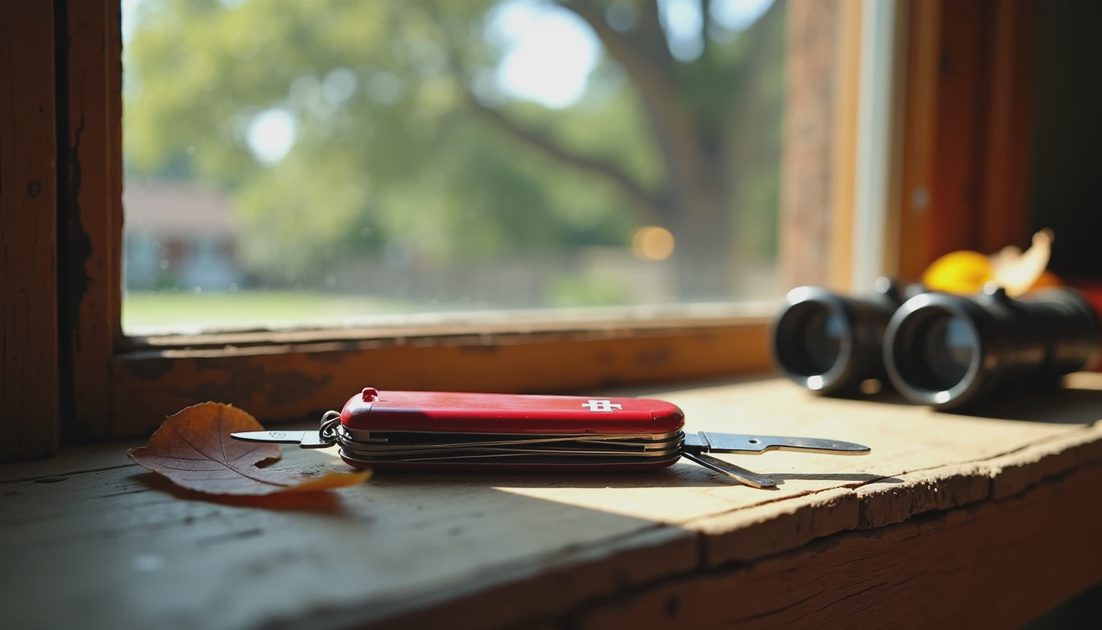 The Knife That Won — Trust in a Red Casing small red Swiss Army knife with worn casing on wooden windowsill Savannah, beside binoculars and dried leaf, successful trusted gift for 8 year old boy
