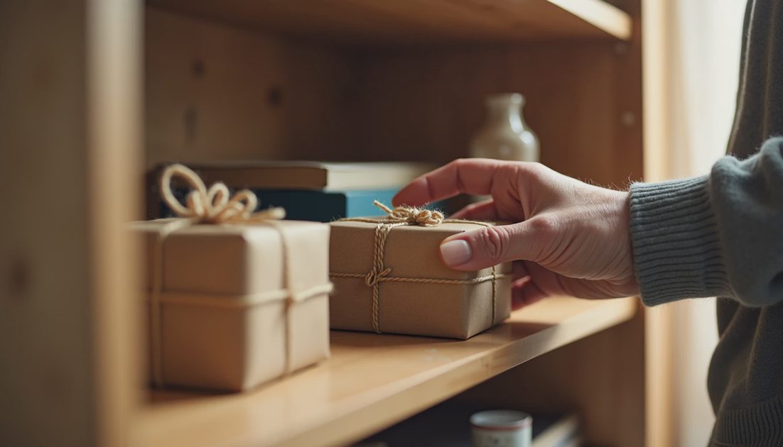 man's hand placing wrapped gift onto hall closet shelf with other gifts Savannah, restocking emergency gift stash system