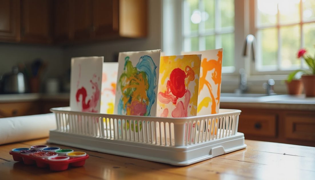 The Secret Supply — A Drying Rack white plastic dish drying rack holding colorful children's paintings on wooden table Savannah, functional art supply system for creative kids