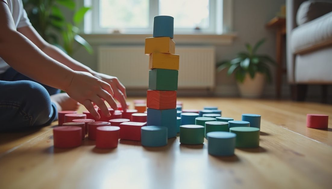 What She Reaches For When No One Is Watching child's hands arranging color-organized wooden blocks on floor Savannah living room, quiet focused play pattern, observing what child actually wants