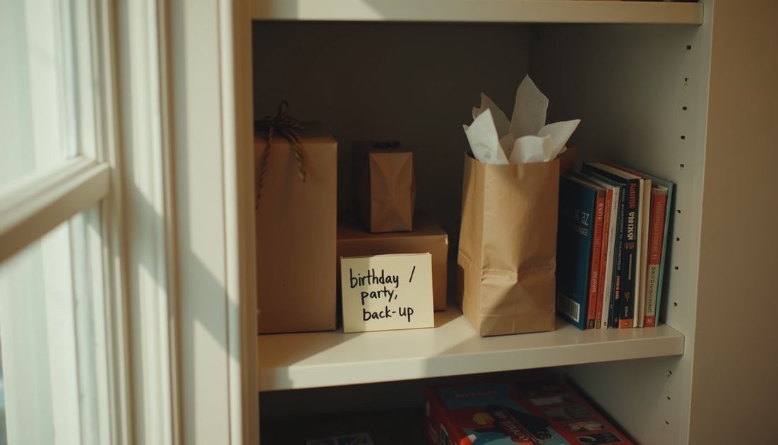The Emergency Gift Stash hall closet shelf with wrapped gifts and stash of gifts in Savannah bungalow, emergency gift system and Notes app tracking in action