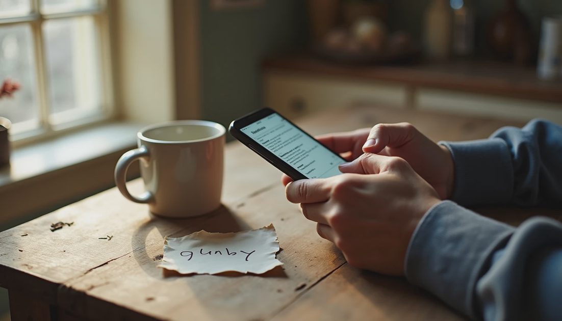 The Moment It Changed man's hands typing on smartphone with Notes app open on wooden table Savannah, starting gift list after failure, recovery from bad gift
