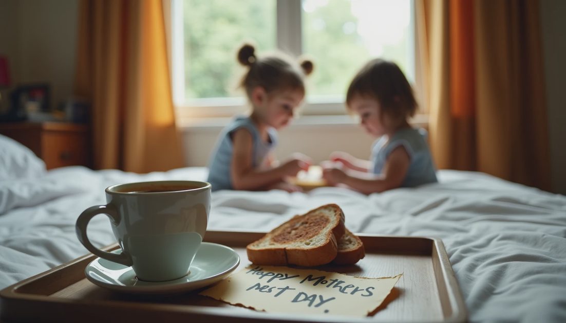 A Late Morning Save simple breakfast tray with coffee and note on bed Savannah bedroom, children's hands making card in background, last-minute Mother's Day survival