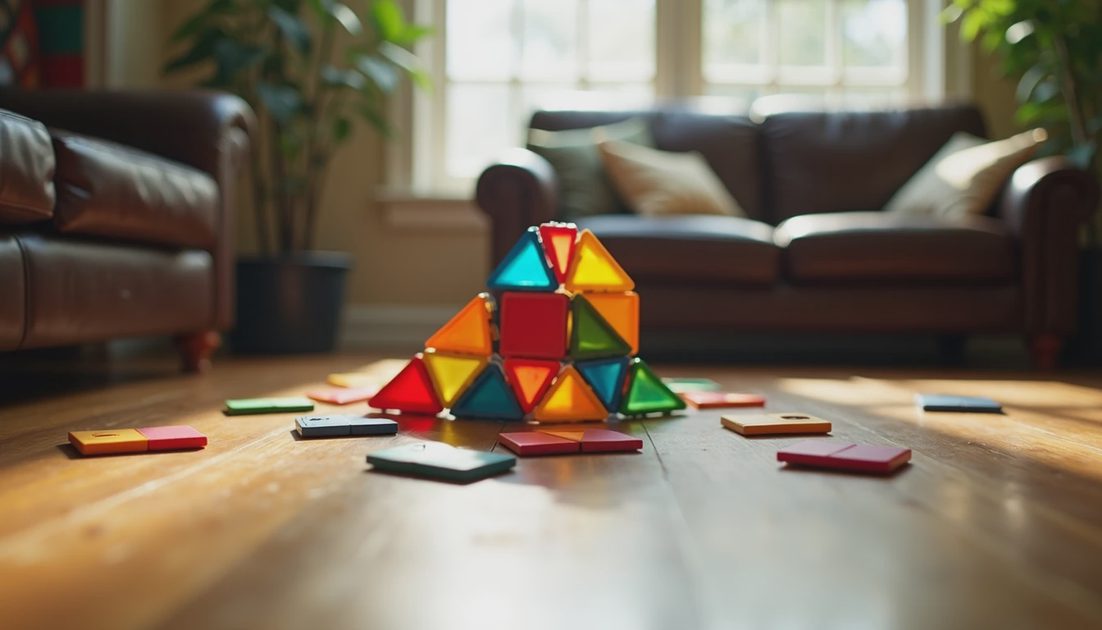 Building Without Instructions colorful magnetic tiles scattered on wooden floor with half-built asymmetrical structure, Savannah living room, open-ended building toy for girls