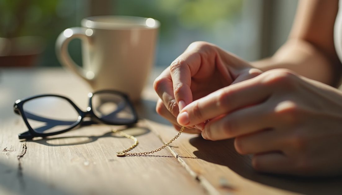gold disc necklace on worn wooden porch table, woman's hands gently touching it, intimate morning light Savannah, thoughtful anniversary gift for wife